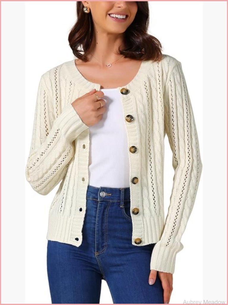 Open Front Cable Knit Cardigan Button Down Long Sleeve